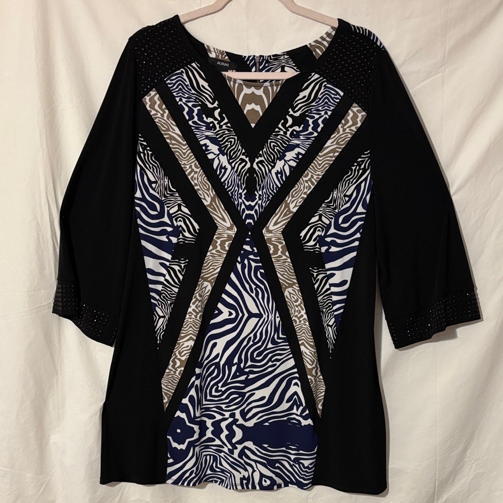 Alfani Black Navy and Tan Abstract V-Neck Tunic with Stud Accents
